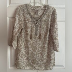 Chico’s 3/4 Sleeve Beige Floral Swirl Lace-Up Beaded Tunic Top Size 0 (Small)